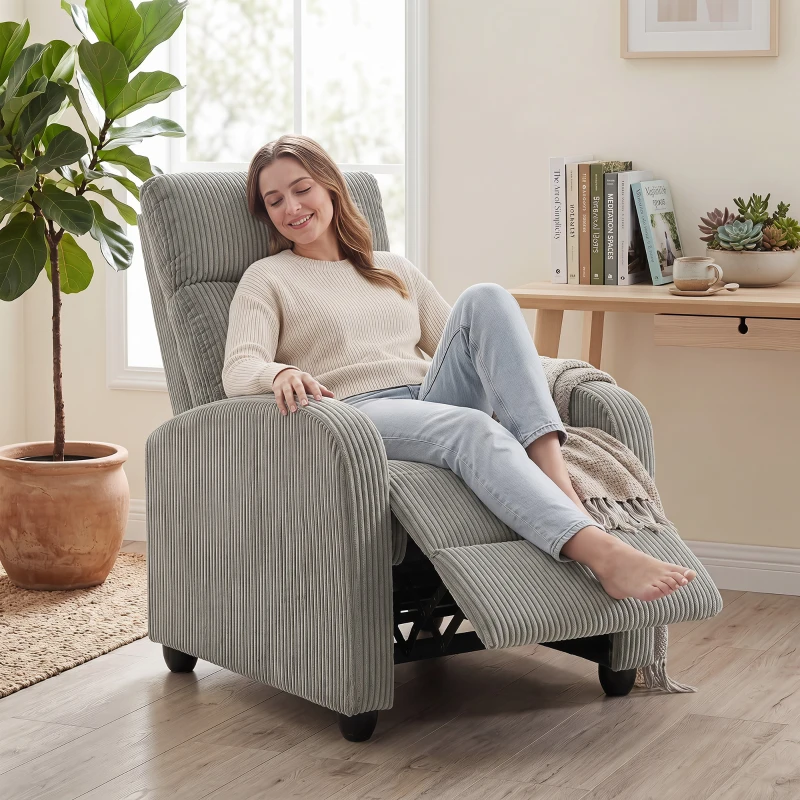 HOMCOM Corduroy Home Theater Seating, Push Back Recliner Chair with Padded Seat for Living Room, Grey
