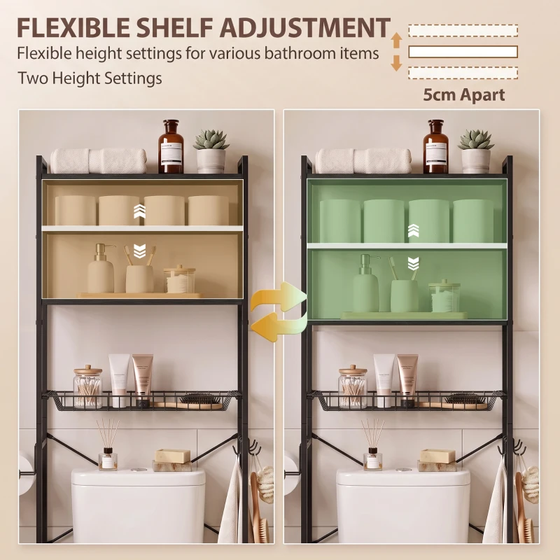 HOMCOM Over-the-Toilet Storage Shelf, 3-Tier Over-Toilet Bathroom Organizer with Adjustable Shelves and Pull-Out Basket, Black