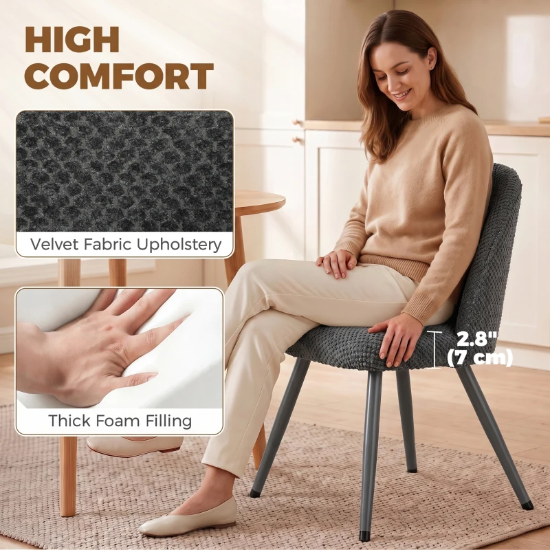 HOMCOM Dining Chairs Velvet Fabric Upholstered Kitchen Chairs Metal Legs Set of 2, Dining Room, Home, Dark Grey