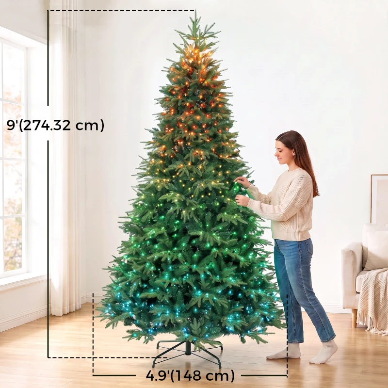 HOMCOM 9ft Christmas Tree with Synchronized LEDs, DIY Function, Frasier Grande Fir with Hinge Design, Remote, Daily Timer