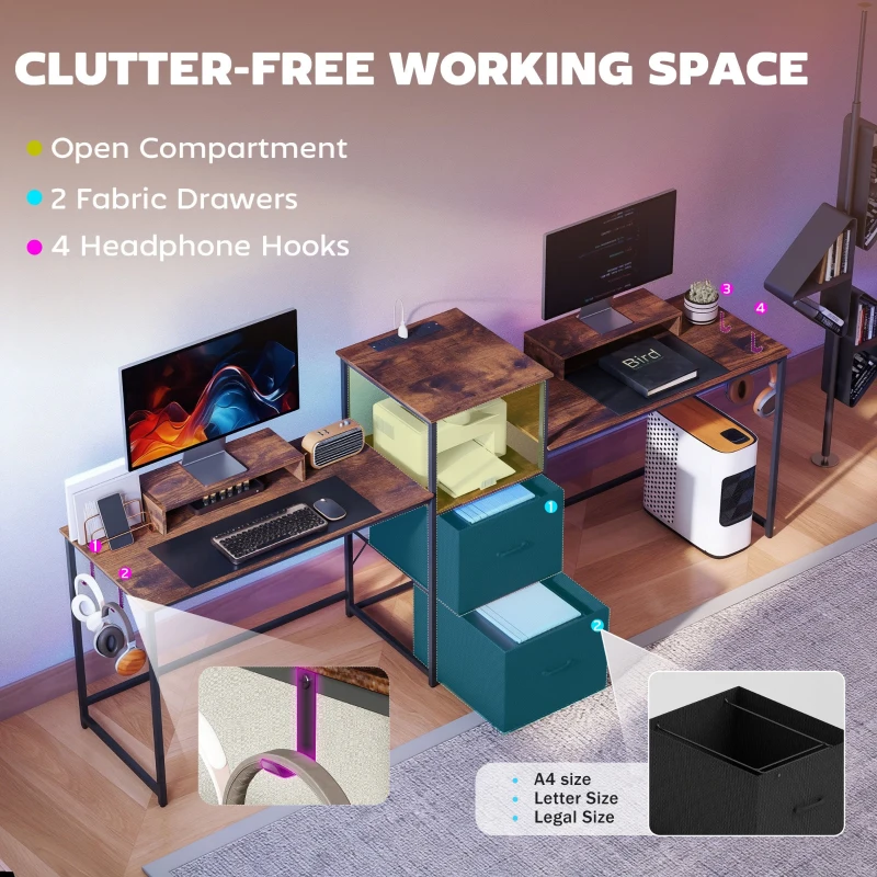 HOMCOM 96 Inch Gaming Desk, Dual Computer Desk for 2 Person with Power Outlets and Monitor Stands, Rustic Brown