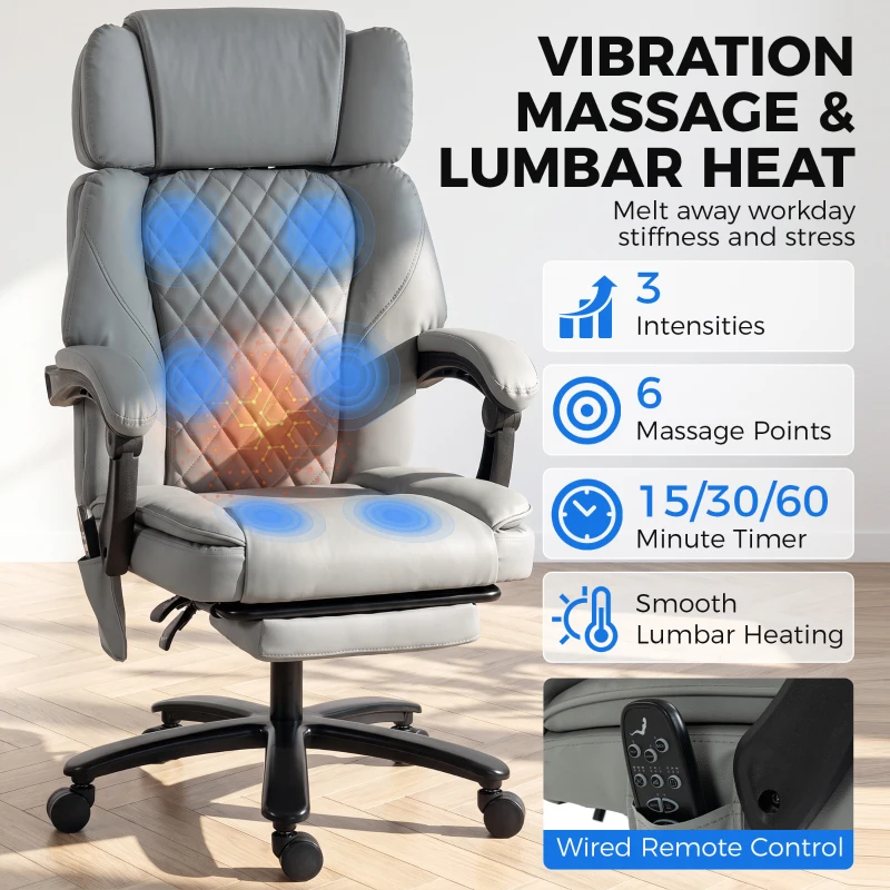 HOMCOM Massage Office Chair with Heat, 400lbs Heavy Duty Desk Chair with Adjustable Headrest, Reclining, Footrest, Light Gray