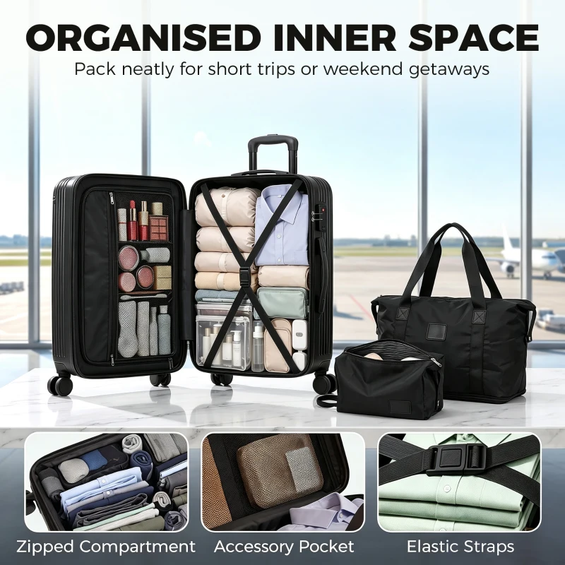 HOMCOM 3-Piece Luggage Set, Expandable Carry On Suitcase Set with Travel Duffel Bag, Toiletry Bag, TSA Lock, Hard Shell, Black
