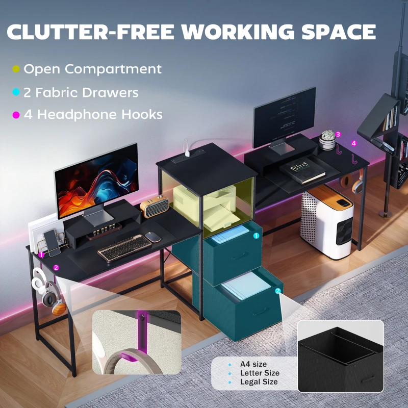 HOMCOM 96 Inch Gaming Desk, Dual Computer Desk for 2 Person with Power Outlets and Monitor Stands, Black