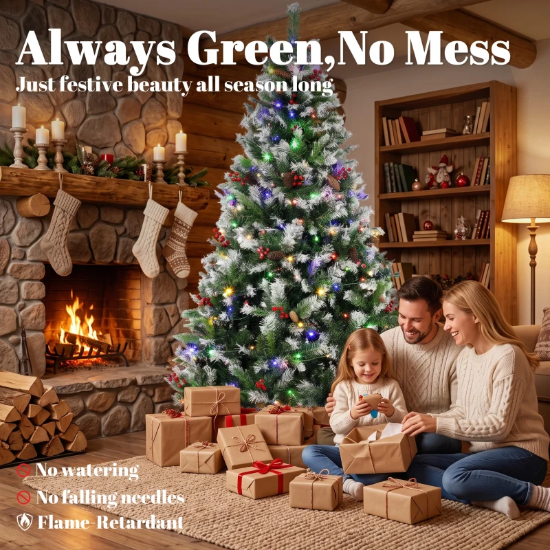 HOMCOM 7ft Flocked Prelit Christmas Tree Spruce, Dual Colour, Remote, Hinged Artificial Xmas Tree with Pinecones, Berries