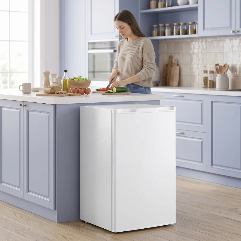 HOMCOM 3.2 Cu Ft Mini Fridge with Chiller Box, Single Door Compact Refrigerator, Adjustable Thermostat, Reversible Door, White