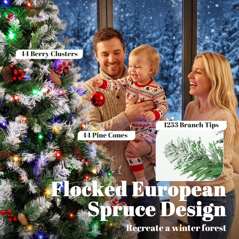 HOMCOM 7ft Flocked Prelit Christmas Tree Spruce, Dual Colour, Remote, Hinged Artificial Xmas Tree with Pinecones, Berries