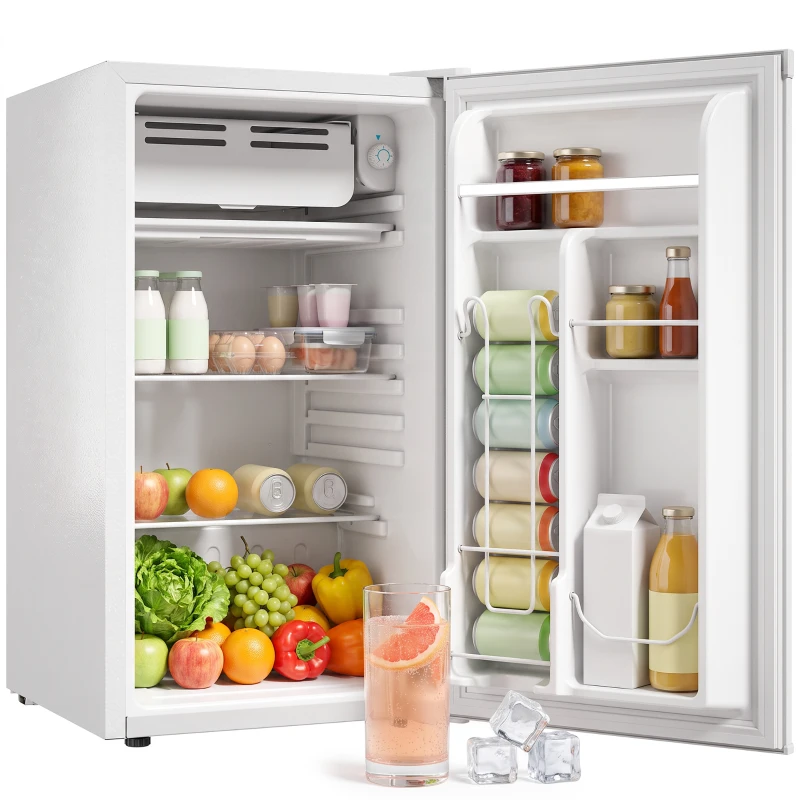 HOMCOM 3.2 Cu Ft Mini Fridge with Chiller Box, Single Door Compact Refrigerator, Adjustable Thermostat, Reversible Door, White