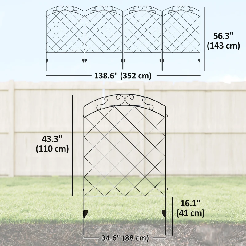 Outsunny 4 Pack Garden Fencing for Yard, Decorative Fence Panels as Animal Barrier and Flower Edging, Circle, Black