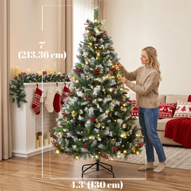 HOMCOM 7ft Flocked Prelit Christmas Tree Spruce, Dual Colour, Remote, Hinged Artificial Xmas Tree with Pinecones, Berries
