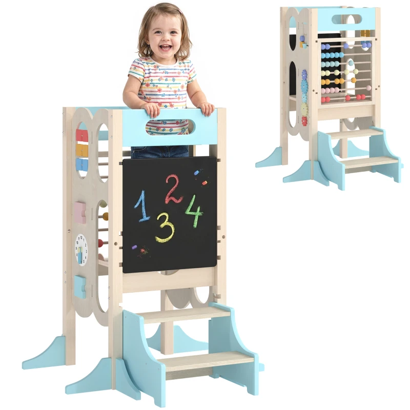 Qaba 6-in-1 Toddler Kitchen Step Stool Helper, Montessori Toddler Standing Tower w/ Blackboard for 3-6 Year, Blue
