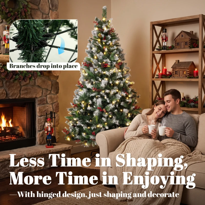 HOMCOM 6ft Flocked Prelit Christmas Tree Spruce, Dual Colour, Remote, Hinged Artificial Xmas Tree with Pinecones, Berries