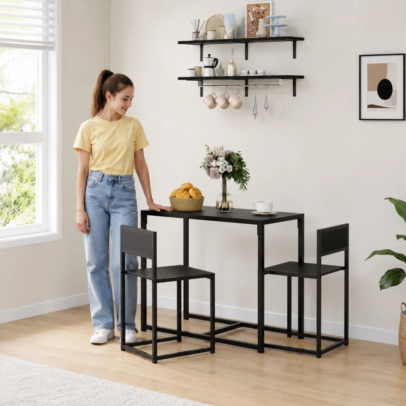 HOMCOM 3-Piece Dining Room Set, Industrial Kitchen Table Set with Rectangular Table and 2 Dining Chairs, Black