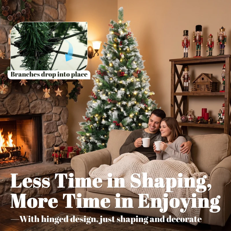 HOMCOM 7ft Flocked Prelit Christmas Tree Spruce, Dual Colour, Remote, Hinged Artificial Xmas Tree with Pinecones, Berries