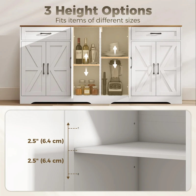 HOMCOM 71" Large Sideboard Buffet Cabinet, Farmhouse Coffee Bar Cabinet with 2 Drawers and 6 Barn Doors, White