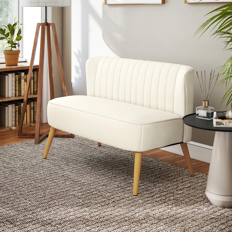 HOMCOM Modern 2 Seat Sofa for Bedroom, Upholstered Two Seater Couch with Rubber Wood Legs, Cream White