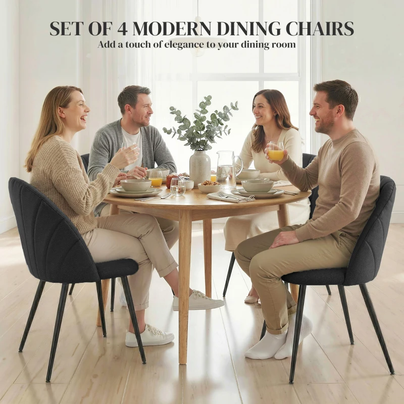 HOMCOM Modern Dining Chairs Set of 4, Upholstered Dining Room Chairs with Metal Legs, Shell Backrest, Padded Seat, Black