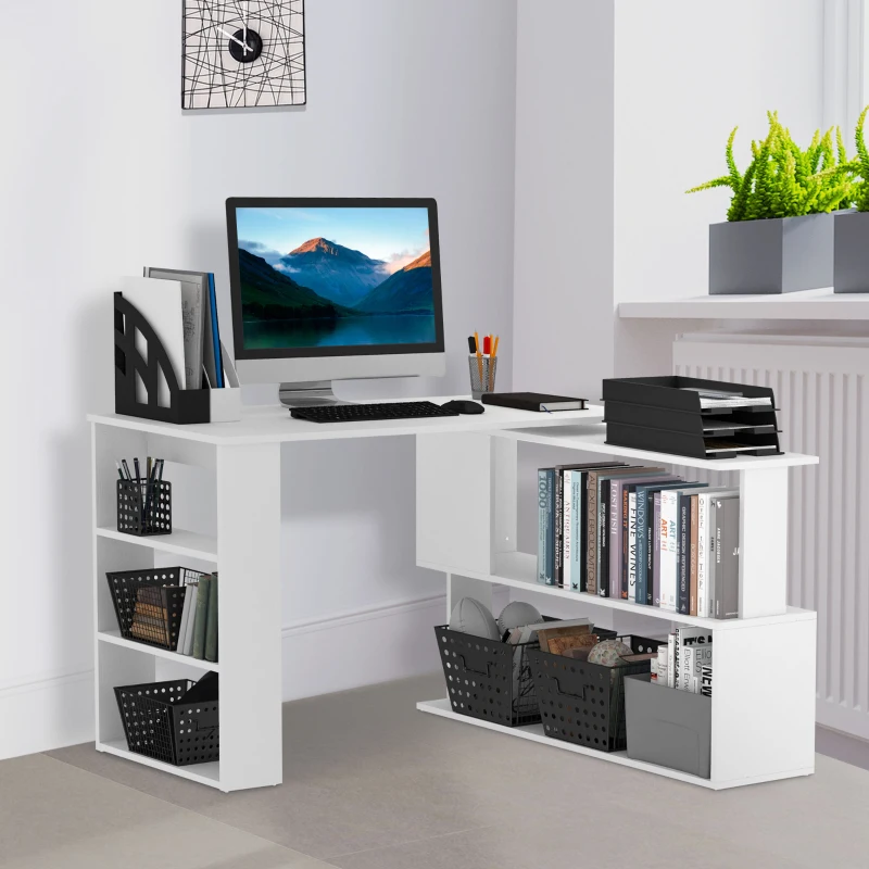 HOMCOM L Shaped Desk, Corner Computer Desk, 360 Degree Rotating Home Office Desk with Storage Shelves, Writing Table Workstation, White