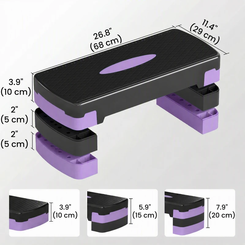 Soozier Aerobic Exercise Step Platform, 4"/6"/8" Adjustable Aerobic Stepper with Risers, Workout Stepper for Home Gym, Purple