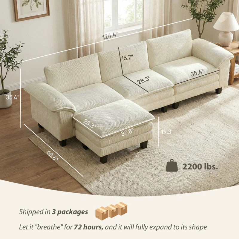 HOMCOM Sectional Sofa, L Shaped Couch with Deep Seat, Movable Ottoman and Pillow-top Armrests, Beige