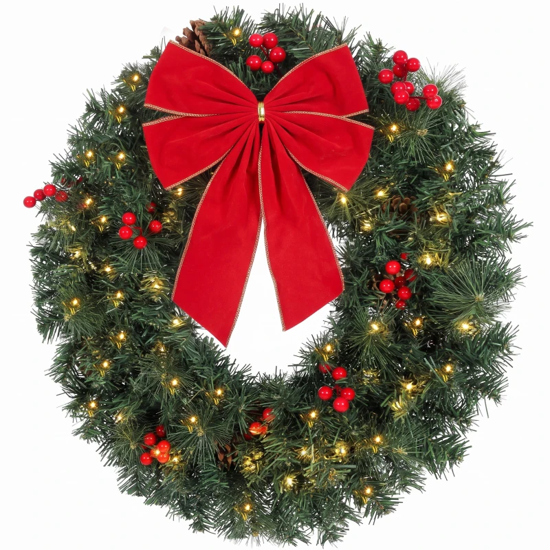 HOMCOM Christmas Decoration, 24 in Pre-Lit Crestwood Spruce Artificial Christmas Wreath, Bow, 50 LED Lights, Green