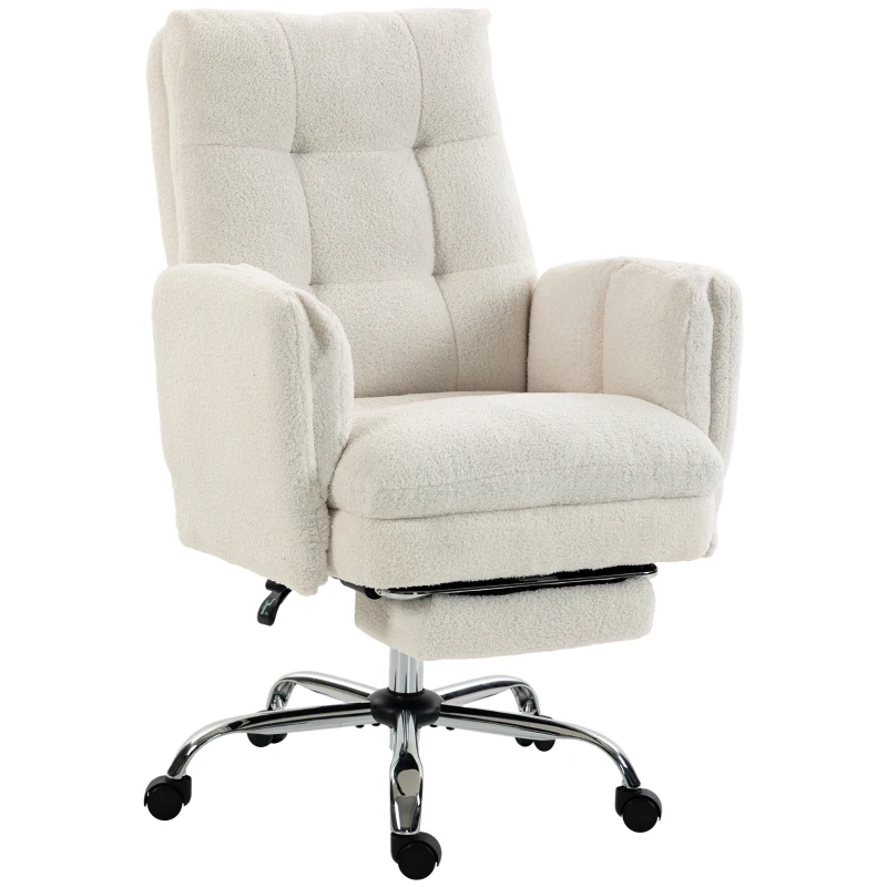 HOMCOM Office Chair, Teddy Fleece Executive Computer Desk Chair with Foldable Armrests, Wide Seat, Lumbar Support, Cream White