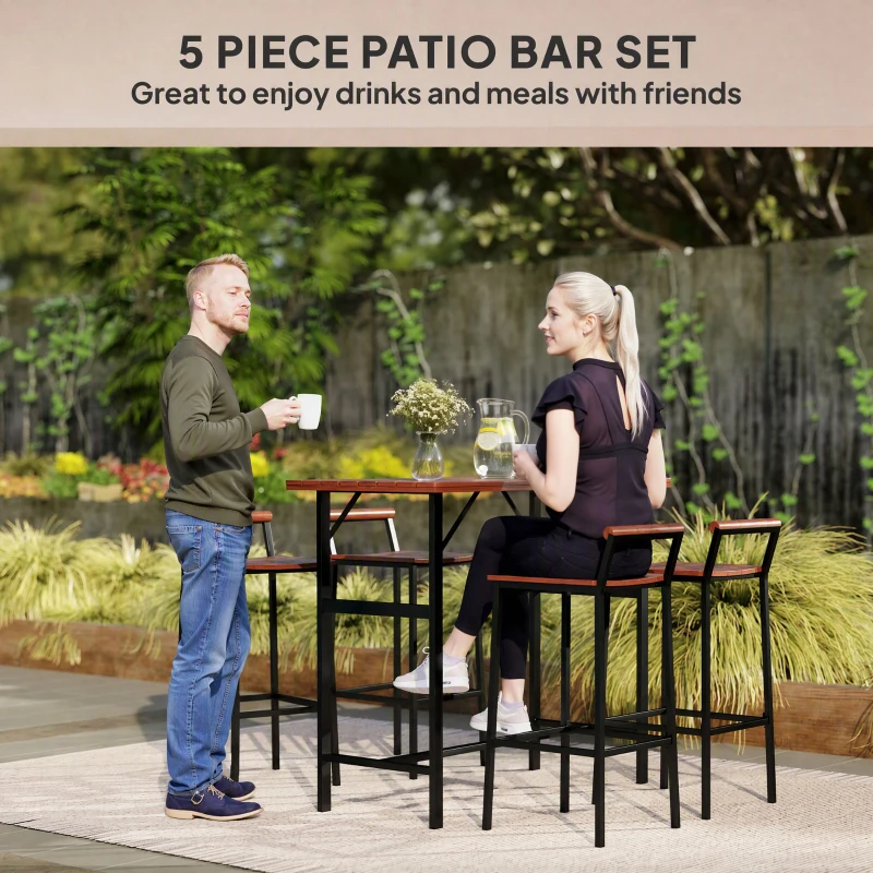 Outsunny 5 Piece Patio Bar Set with 47" Bar Height Table and 4 Bar Stools, for Backyard, Balcony, Porch, Pool, Lawn, Brown