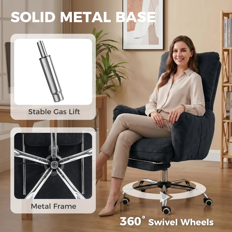 HOMCOM Office Chair with Foot Rest, Ergonomic Reclining Computer Gaming Chair w/ Snow Flannel Fabric, Thick Cushion, Black