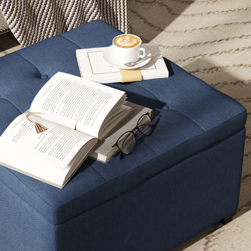 HOMCOM Round Storage Ottoman Bench, Button Tufted Ottoman with Flip Top for Living Room, Entryway and Bedroom, Blue