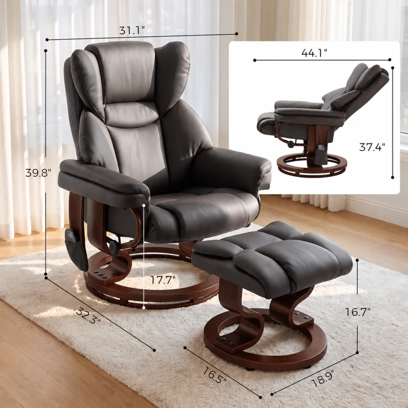 HOMCOM Massage Recliner Chair with Footrest, Swivel Armchair, Wrapped Wood Base, 10 Massage Points, Faux Leather, Brown
