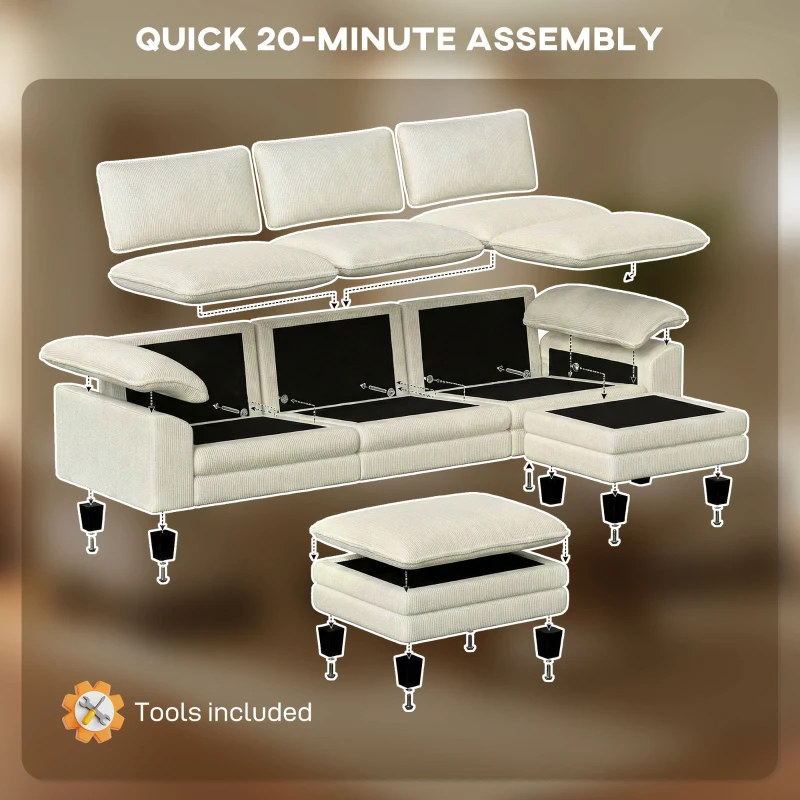 HOMCOM Sectional Sofa, L Shaped Couch with Deep Seat, Movable Ottoman and Pillow-top Armrests, Beige