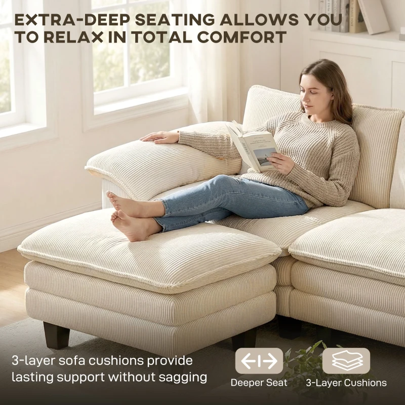 HOMCOM Sectional Sofa, L Shaped Couch with Deep Seat, Movable Ottoman and Pillow-top Armrests, Beige