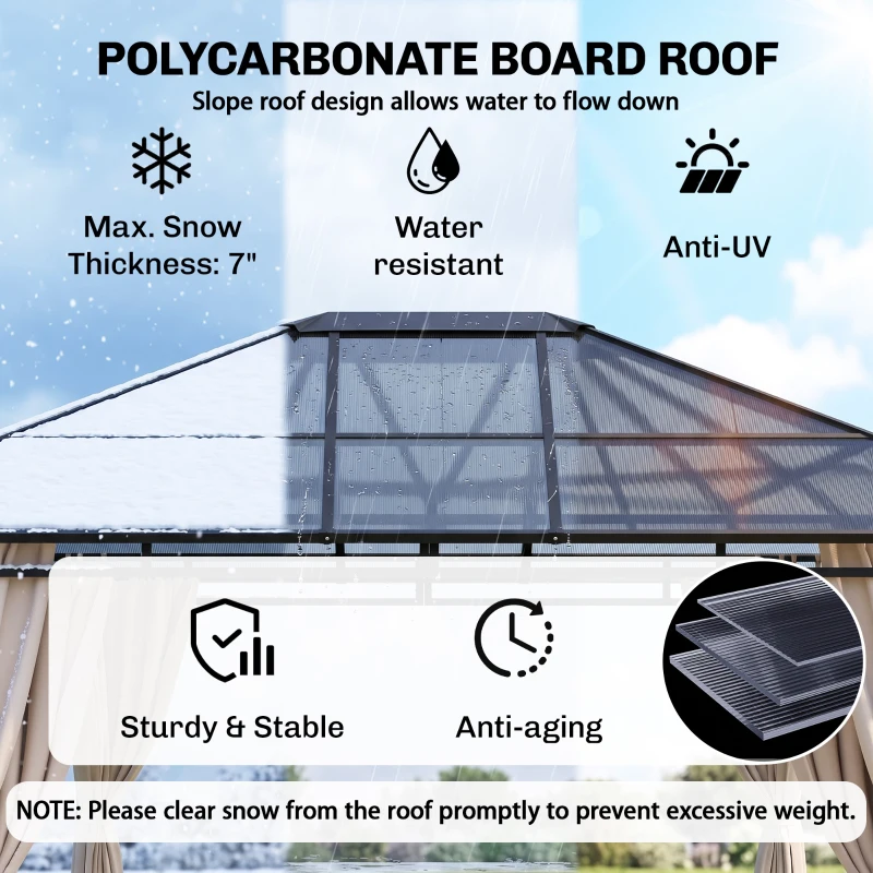 Outsunny 10' x 12' Hardtop Gazebo Canopy with Polycarbonate Roof, Aluminum Frame, Permanent Pavilion Outdoor Gazebo with Curtains for Patio, Garden, Backyard, Deck, Lawn, Dark Brown, Off-White