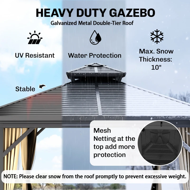 Outsunny 10' x 10' Hardtop Gazebo with Aluminum Frame, Metal Roof Gazebo Canopy w/ Hook, Curtains included, Dark Brown