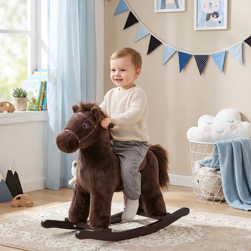 Qaba Kids Rocking Horse with Bear Toy, Plush Animal Rocker with Fun Realistic Sounds for Toddler 18-36 Months, Brown