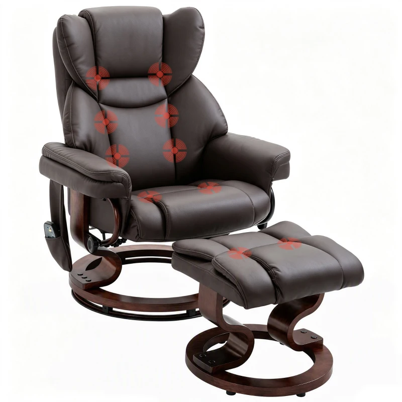 HOMCOM Massage Recliner Chair with Footrest, Swivel Armchair, Wrapped Wood Base, 10 Massage Points, Faux Leather, Brown