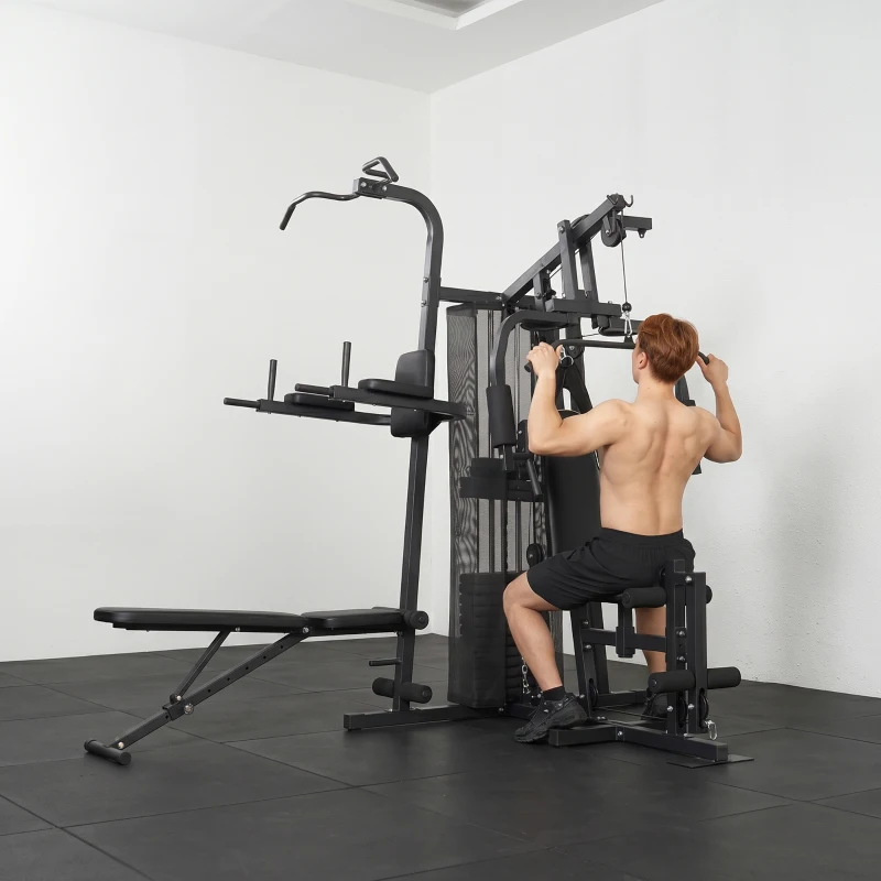 Soozier All-in-One Multi Home Gym Machine Workout Station with Weight Stack and Pulley System for Full Body Training, Black
