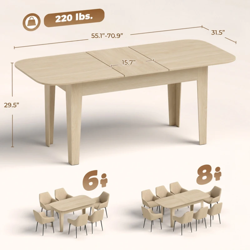 HOMCOM Extendable Oval Dining Table for 4-6, Farmhouse Expandable Kitchen Table, Round Edges, Oak