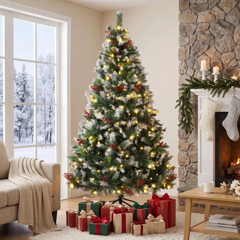 HOMCOM 7ft Flocked Prelit Christmas Tree Spruce, Dual Colour, Remote, Hinged Artificial Xmas Tree with Pinecones, Berries