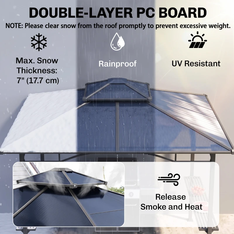 Outsunny 8' x 5' Hardtop Grill Gazebo, Aluminium BBQ Canopy Gazebo, Outdoor Canopy with Side Shelves & Double Roof