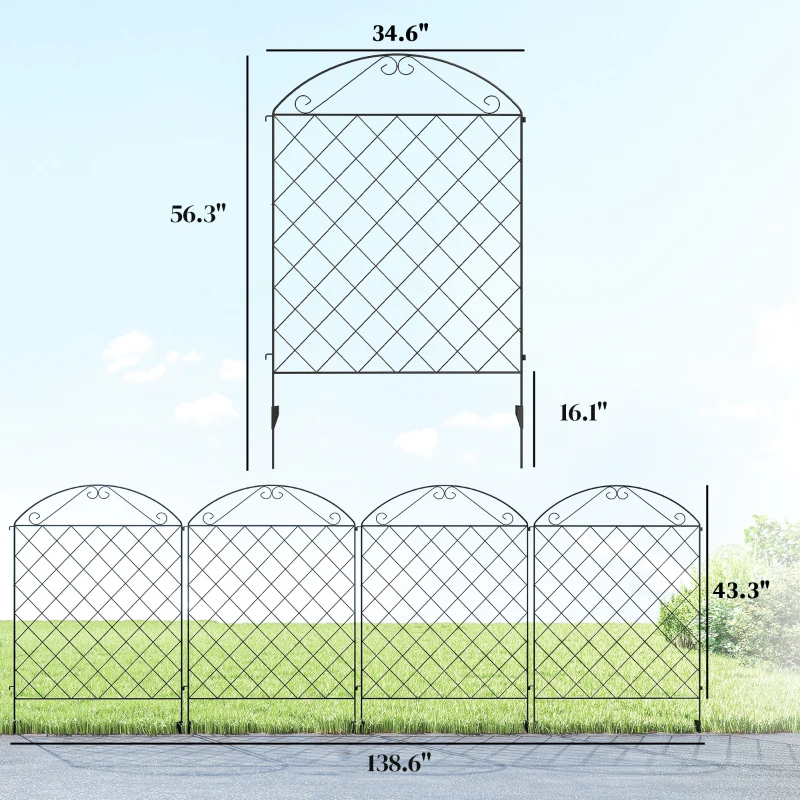 Outsunny Garden Fence, 4 Pack Steel Fence Panels, 11.5' L x 56" H, Rust-Resistant Decorative Border Flower Edging