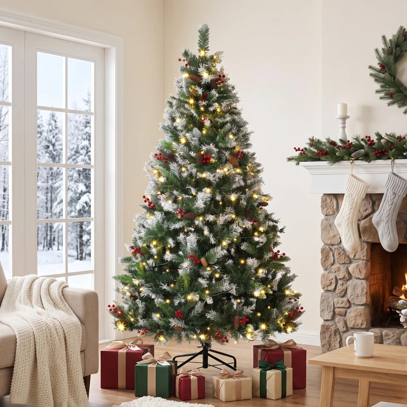 HOMCOM 6ft Flocked Prelit Christmas Tree Spruce, Dual Colour, Remote, Hinged Artificial Xmas Tree with Pinecones, Berries
