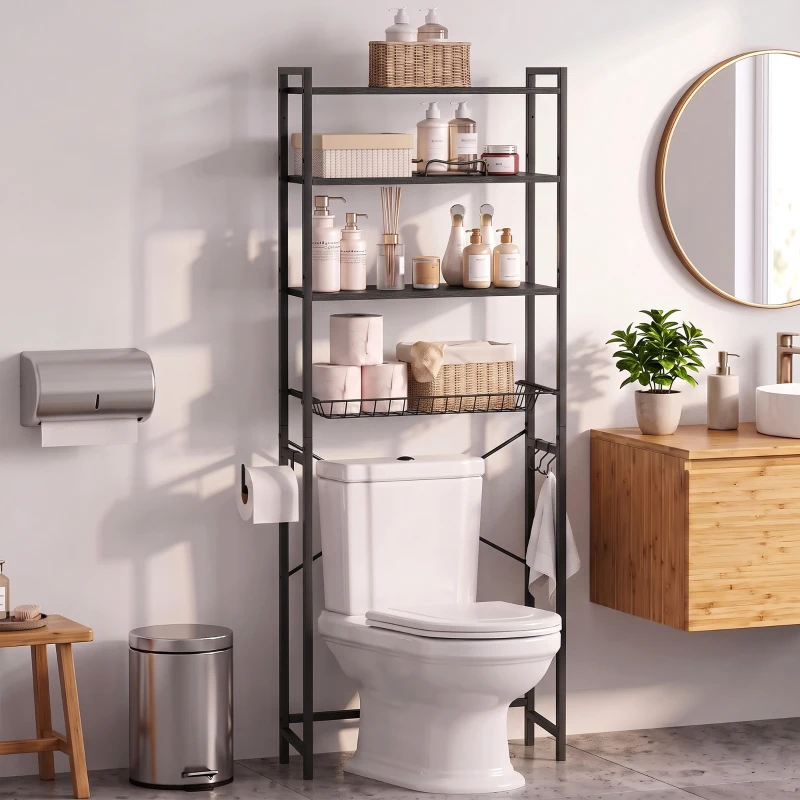 HOMCOM Over-the-Toilet Storage Shelf, 3-Tier Over-Toilet Bathroom Organizer with Adjustable Shelves and Pull-Out Basket, Black