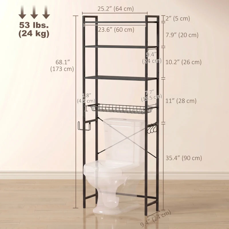 HOMCOM Over-the-Toilet Storage Shelf, 3-Tier Over-Toilet Bathroom Organizer with Adjustable Shelves and Pull-Out Basket, Black