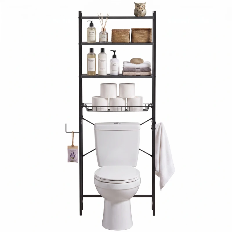 HOMCOM Over-the-Toilet Storage Shelf, 3-Tier Over-Toilet Bathroom Organizer with Adjustable Shelves and Pull-Out Basket, Black