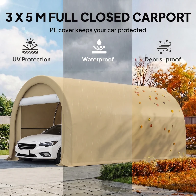 Outsunny 10' x 16' Carport, Heavy Duty Portable Garage Storage Tent with Large Zippered Door, Anti-UV PE Canopy Cover, Beige