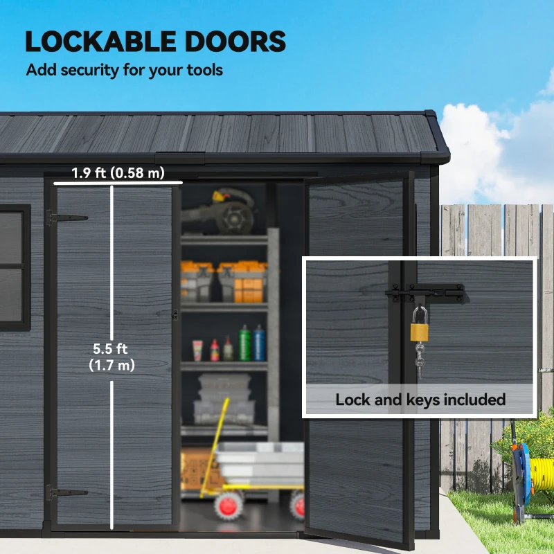 Outsunny 8 x 4 ft Plastic Garden Shed, Wood-Effect Outdoor Storage Shed with Floor, Windows, Lockable Doors and Vents, Dark Grey