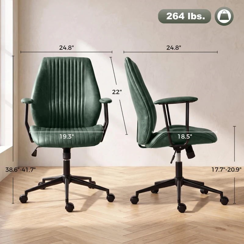 HOMCOM Leather Home Office Desk Chair, Vintage Computer Chair with Padded Arms, 360° Swivel, Adjustable Height, Tilt, Green