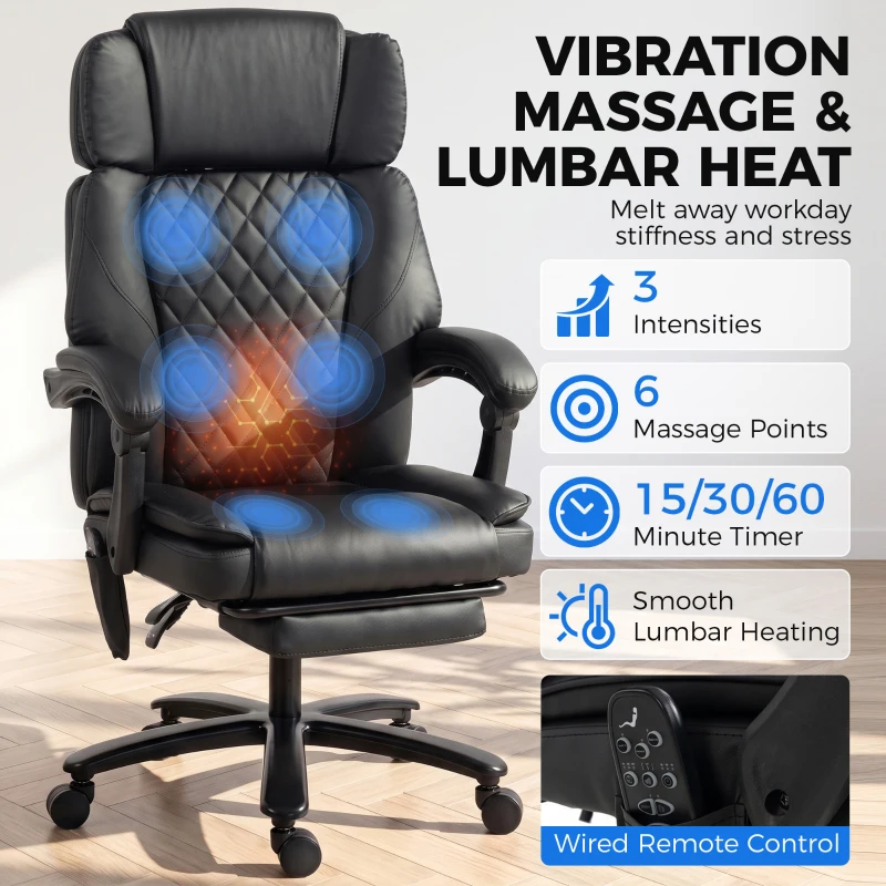 HOMCOM Massage Office Chair with Heat, 400lbs Heavy Duty Desk Chair with Adjustable Headrest, Reclining, Footrest, Black