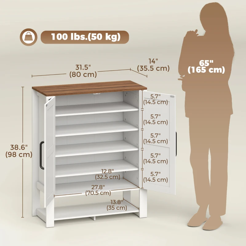 HOMCOM Shoe Cabinet 5 Tier Shelves Shoe Storage Cabinet Anti Tip Hardware Open Cubby Rustic White